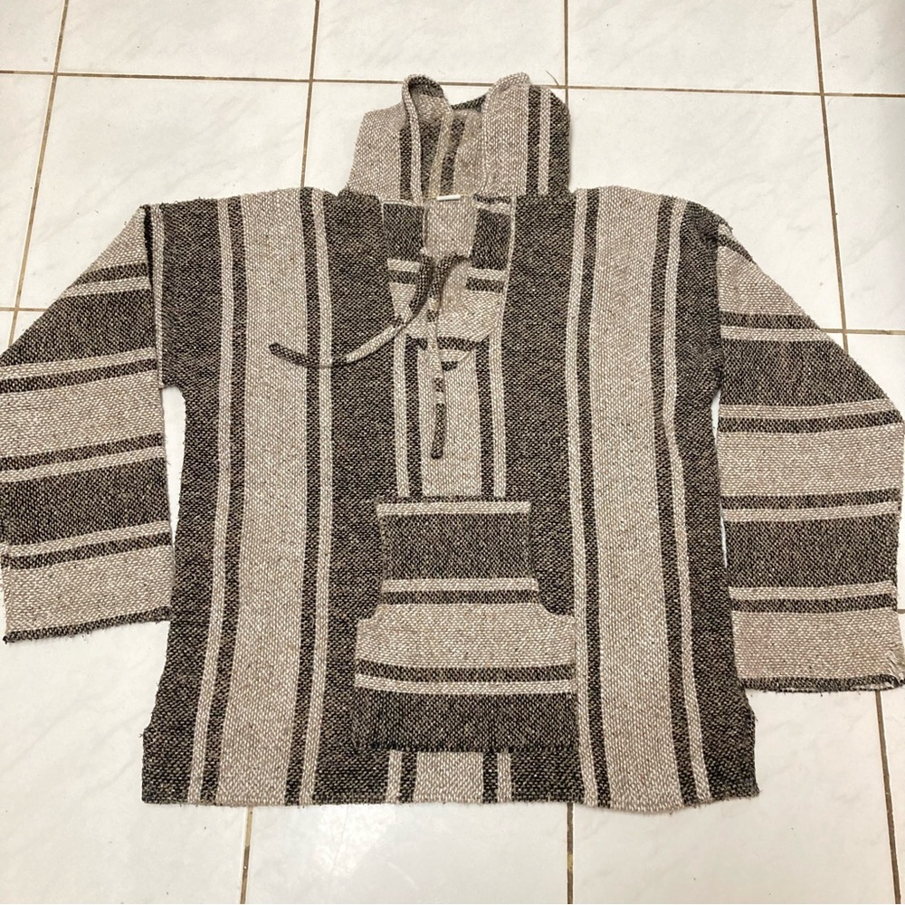 Mexican Poncho Baja Woven Blanket Jacket Hippie Pullover Drug Rug-XXL